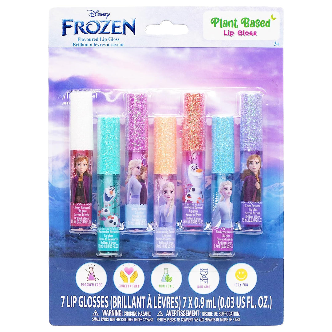 Disney Frozen Plant Based Vegan 7 PC Flavored Lip Gloss Set For Girls – Ideal for Sleepovers, Makeovers, Party Favors and Birthday Gifts! - Age: 3+