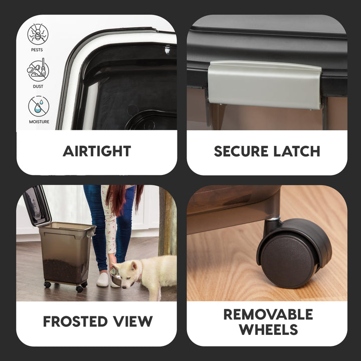 USA WeatherPro Airtight Dog Food Storage Container, Up to 22 lbs, Attachable Wheels, For Dog Cat Bird and Other Pet Food Storage Bin, Keep Fresh, Easy Mobility, BPA Free, Smoke