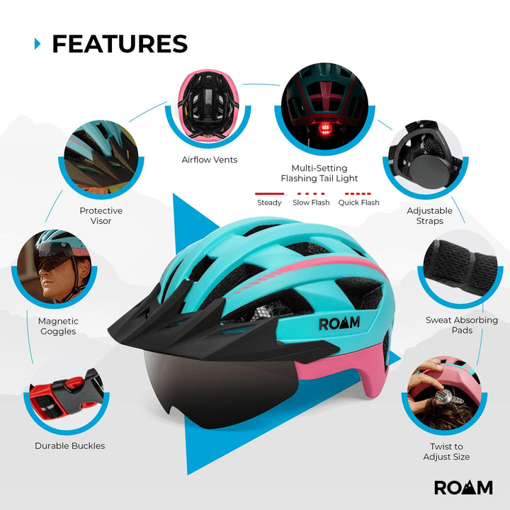 Road Bike Helmet - Durable Helmets for Adults with Sun Visor, LED Light and Detachable Magnetic Goggles - Adjustable Size - Mountain Bicycle Helmet for Adult Men & Women
