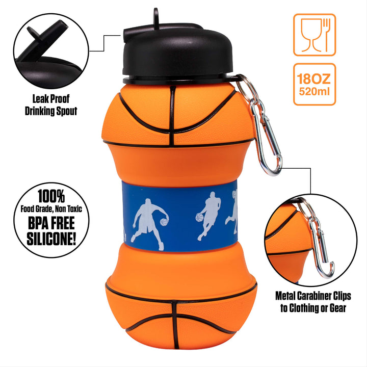 Art Clip-On Collapsible BPA-Free Silicone Basketball Water Bottle for Kids, 18 Oz. Size