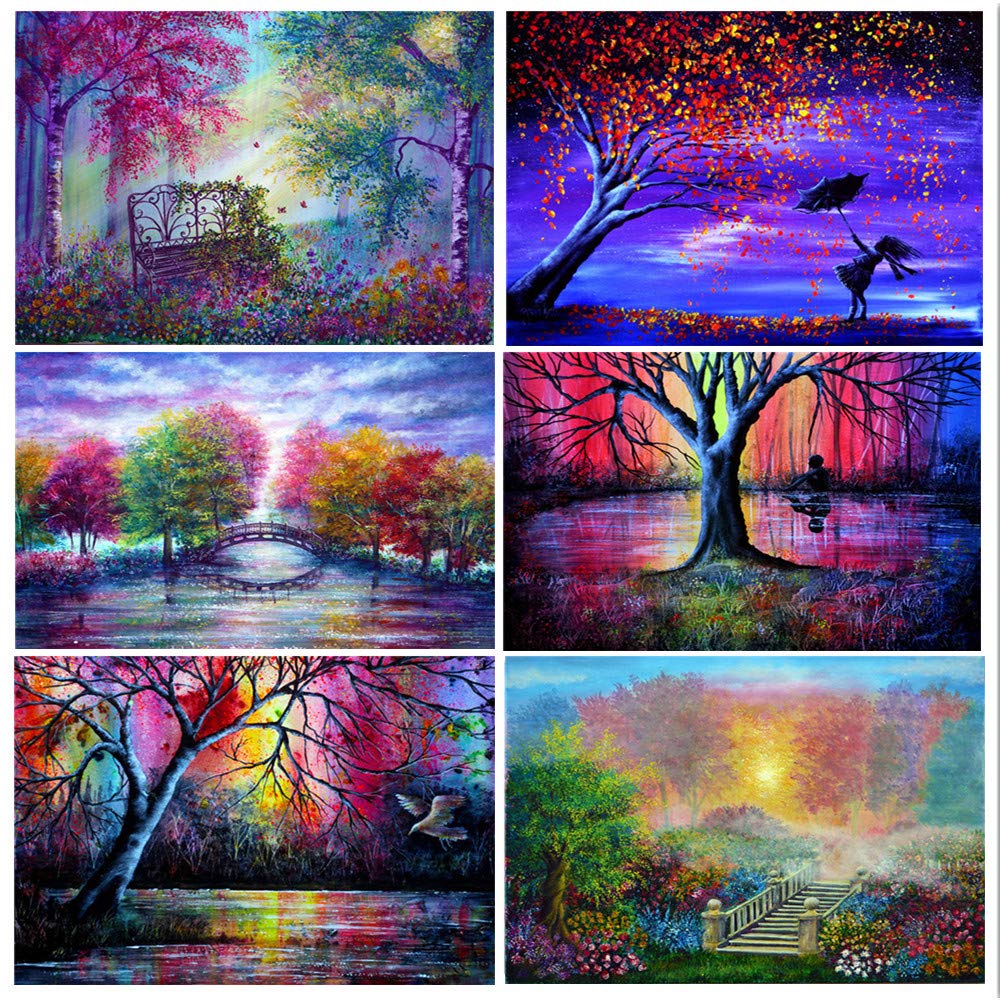 Adult 6-Piece DIY 5D Diamond Painting kit, Complete Diamond Painting Art, Wall Decoration, Sunset Beach Tree Landscape (12x16inches)