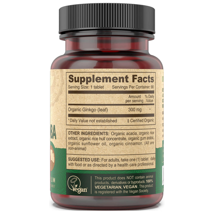 Vegan Ginkgo Biloba Dietary Supplement, USDA Organic, Vegan Society Certified, Easy-to-Swallow Tiny Tablets, 300 mg., 90-Count Bottle