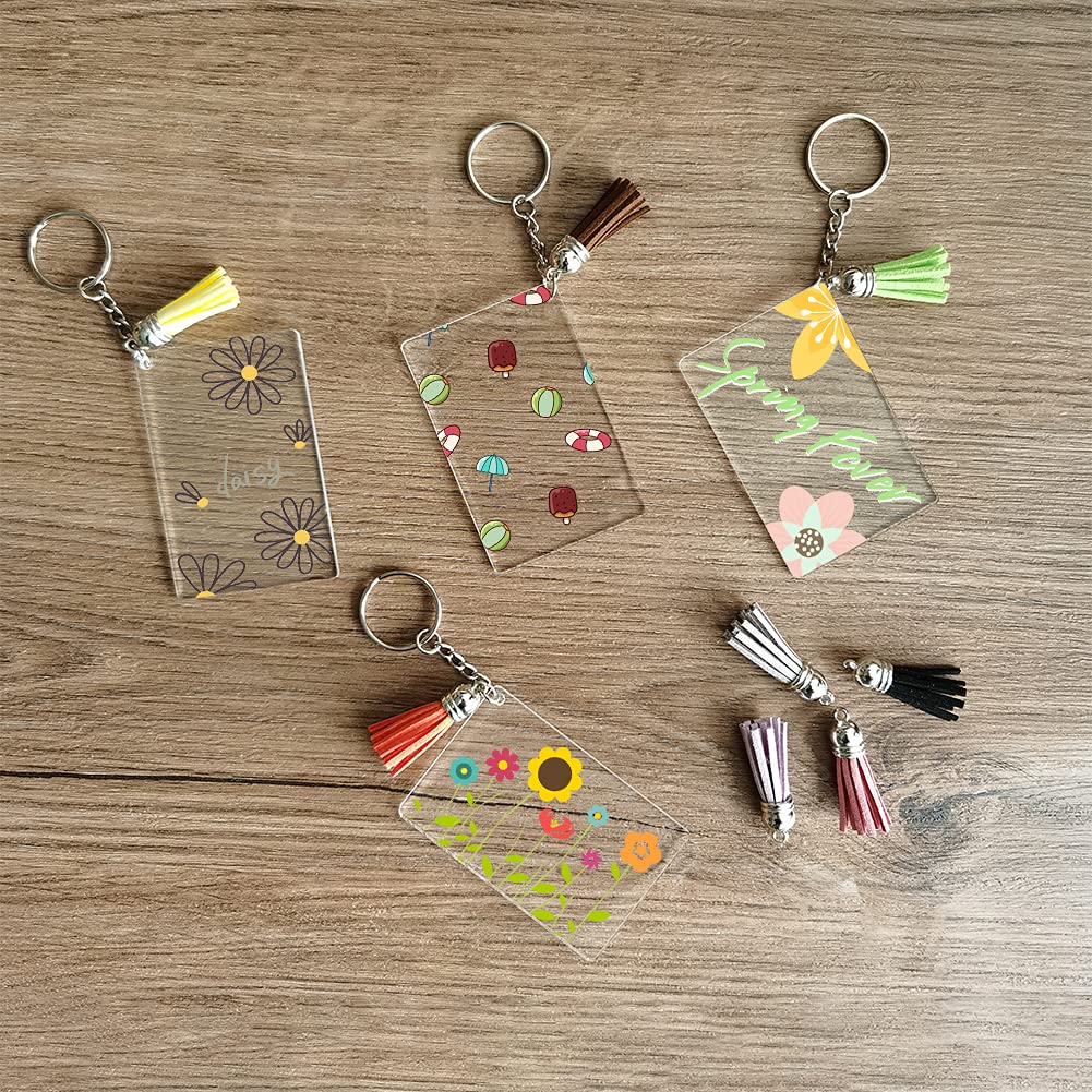 96 PCS Acrylic Keychain Blanks Tassel Set Including 24 Clear Rectangle Acrylic Blanks (2x3 Inch) 24 Keychain Tassels, 24 Key Chain Rings and 24 Jump Rings for DIY Song Keychains, Custom Vinyl