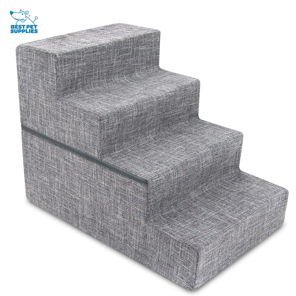 Foldable Foam Pet Steps for Small Dogs and Cats, Portable Ramp Stairs for Couch, Sofa, and High Bed Climbing, Non-Slip Balanced Indoor Step Support, Paw Safe - Ash Gray Linen,4-Step