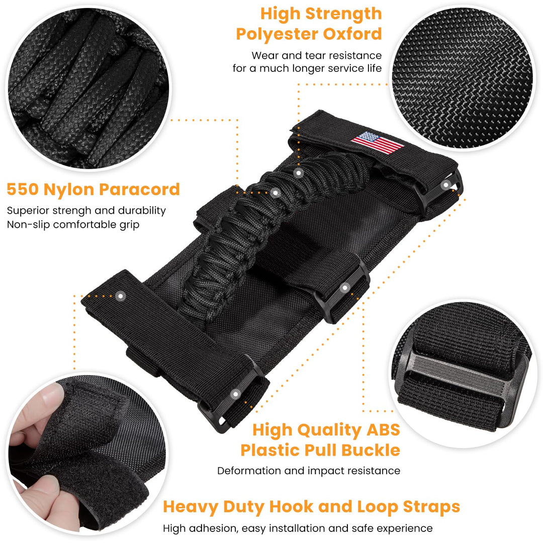 4 x Roll Bar Grab Handles Grip Handle for Jeep Wrangler JK JKU JL JLU TJ YJ Sport Sahara Freedom Rubicon Unlimited Gladiator JT 1955-2023 UTV ATV Premium Paracord Interior Accessories US Flag (Black)