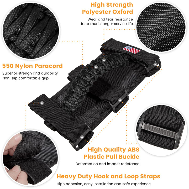4 x Roll Bar Grab Handles Grip Handle for Jeep Wrangler JK JKU JL JLU TJ YJ Sport Sahara Freedom Rubicon Unlimited Gladiator JT 1955-2023 UTV ATV Premium Paracord Interior Accessories US Flag (Black)