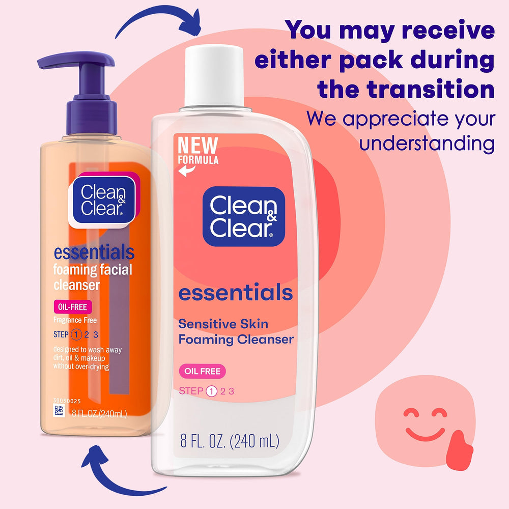Essentials Foaming Facial Cleanser, Oil-Free Daily Face Wash with Glycerin to Remove Acne Breakout-Causing Dirt, Oil & Makeup Without Over-Drying, 8 Fl Oz (Packaging may vary)