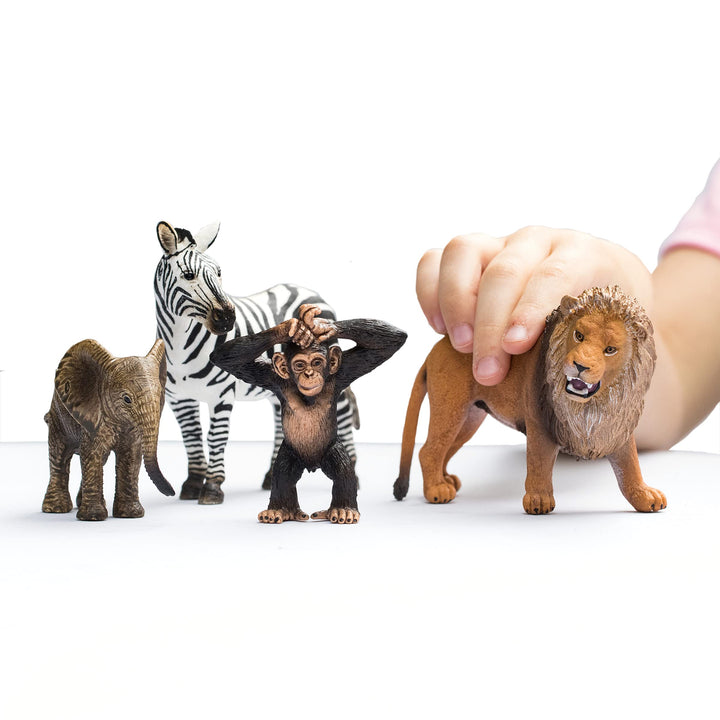 Wild Life Africa Starter Set – 4-Piece Wildlife Animal Set for Ages 3+, Featuring, Zebra, Elephant Calf, Lion, Chimpanzee