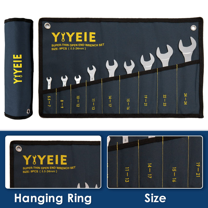 9Pc. Super-Thin Open End Wrench Set, Metric 5.5, 7, 8, 9, 10, 11, 12, 13, 14, 15, 16, 17, 19, 21, 22, 23, 24, 27 mm, CR-V Steel, Ultra-Slim Flat Wrench Set with Roll-up Pouch