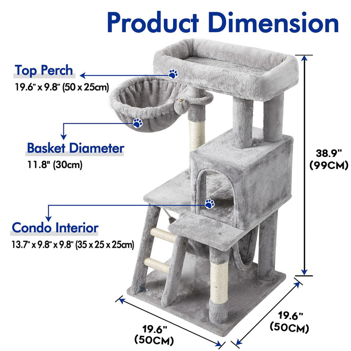 Cat Tree Cat Tower for Indoor Cats, Multi-Level Cat House Condo with Large Perch, Scratching Posts & Hammock, Cat Climbing Stand with Toy for Small Cats Kittens Play Rest, 39 Tall, Gray