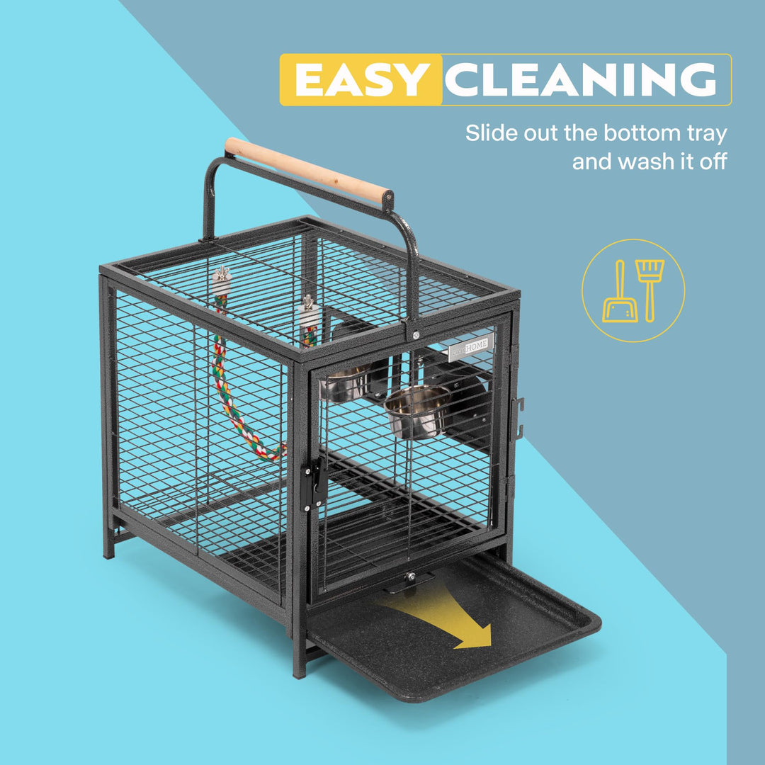 19 Inch Wrought Iron Bird Travel Carrier Cage for Parrots Conures Lovebird Cockatiel Parakeets Black