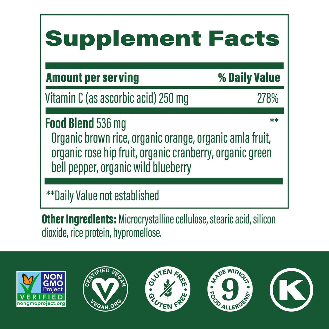 Complex C - Vegan Immune Support Supplement with Vitamin C 250 mg, Made with Real Food Including Orange, Cranberry & Brown Rice, Gluten-Free, Kosher - 90 Tablets, 90 Servings
