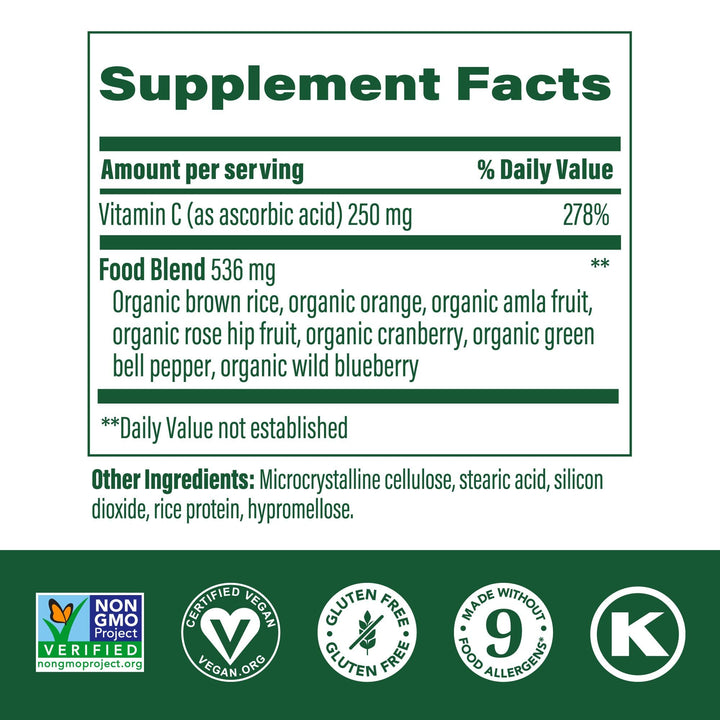 Complex C - Vegan Immune Support Supplement with Vitamin C 250 mg, Made with Real Food Including Orange, Cranberry & Brown Rice, Gluten-Free, Kosher - 90 Tablets, 90 Servings