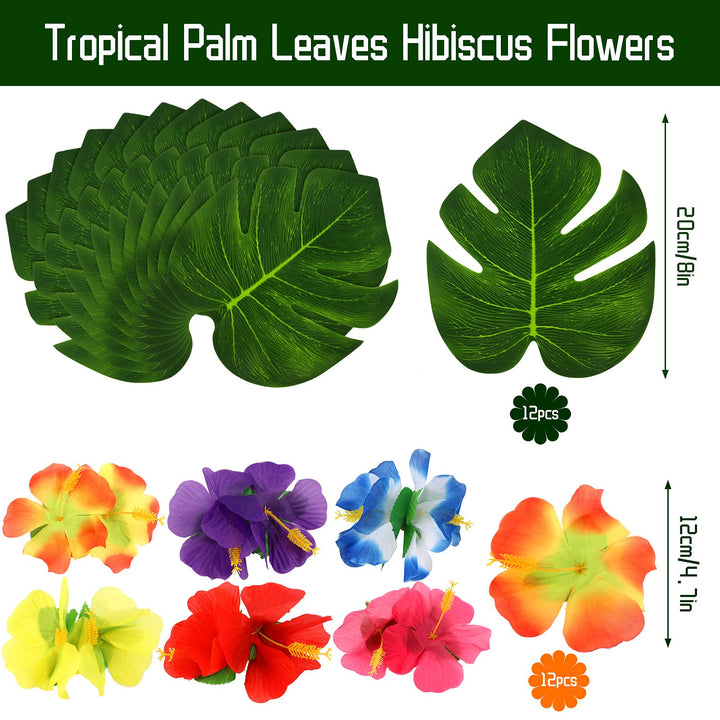 Hawaiian Tropical Luau Theme Party Decoration Including Aloha Banner Pineapple Palm Leaves Garland 12 Pieces Tropical Palm Leaves and 12 Pieces Hibiscus Luau Flower for Pool Party Decorations