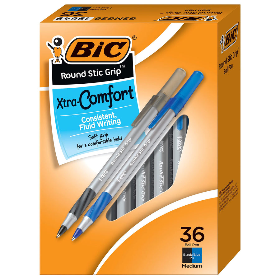 Round Stic Grip Xtra Comfort Ballpoint Pens, Medium Point (1.2mm) Ink Pens, Black & Blue, Soft Grip For Added Comfort And Control, 36-Count (GSMG361-AST)
