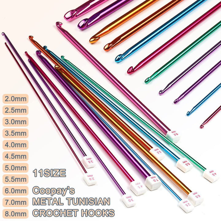 Set of Long Crochet Hooks, 11 Tunisian Crochet Hooks, Multi-Coloured Afghan Crochet Needles for Crocheting, 2 mm (B)-8 mm (L), Crochet Hooks Knitting Tools Set Ideal for Beginners and