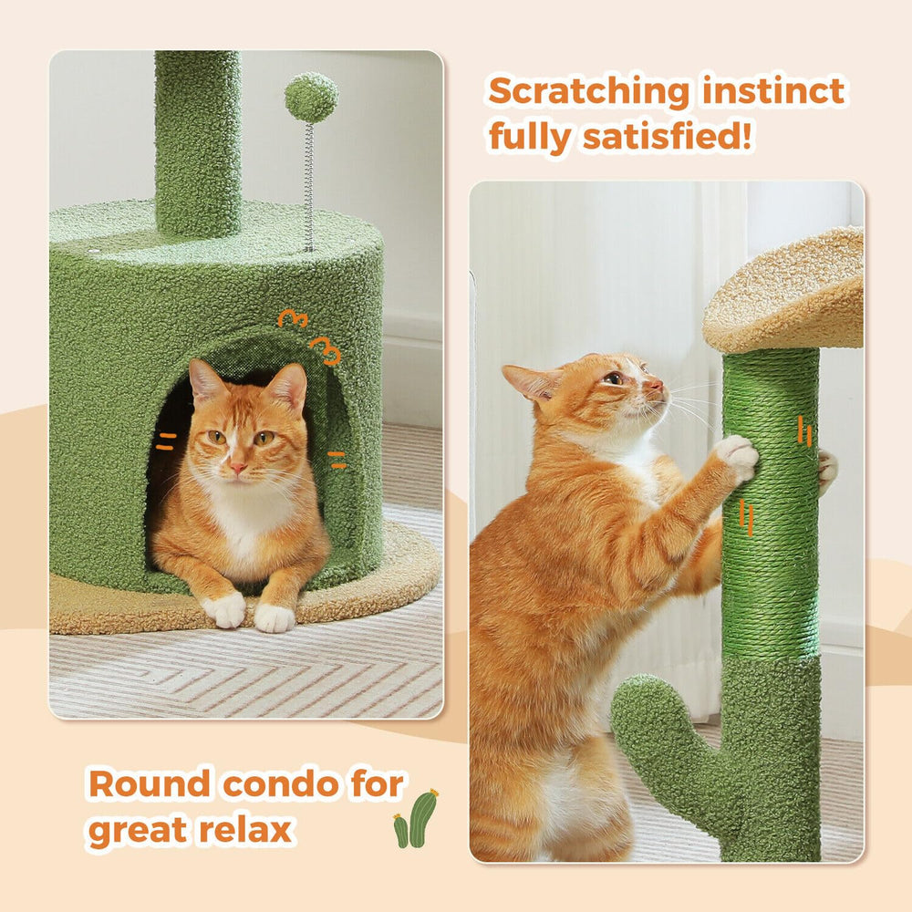 Cactus Cat Tree Small Cat Tower 32” Cat Scratching Post with Curved Perch, Cozy Cat Condo, Removable Padded Top Bed for Kittens and Indoor Cats-Green