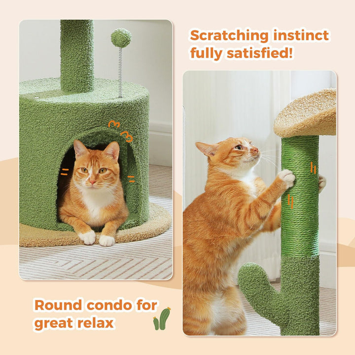 Cactus Cat Tree Small Cat Tower 32” Cat Scratching Post with Curved Perch, Cozy Cat Condo, Removable Padded Top Bed for Kittens and Indoor Cats-Green