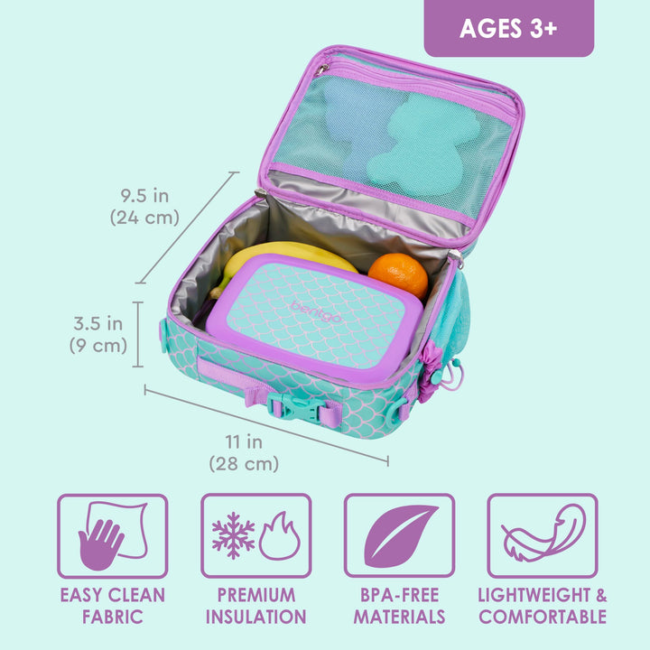 Kids Lunch Bag - Durable, Double-Insulated Lunch Bag for Kids 3+; Holds Lunch Box, Water Bottle, & Snacks; Easy-Clean Water-Resistant Fabric & Multiple Zippered Pockets (Mermaid)