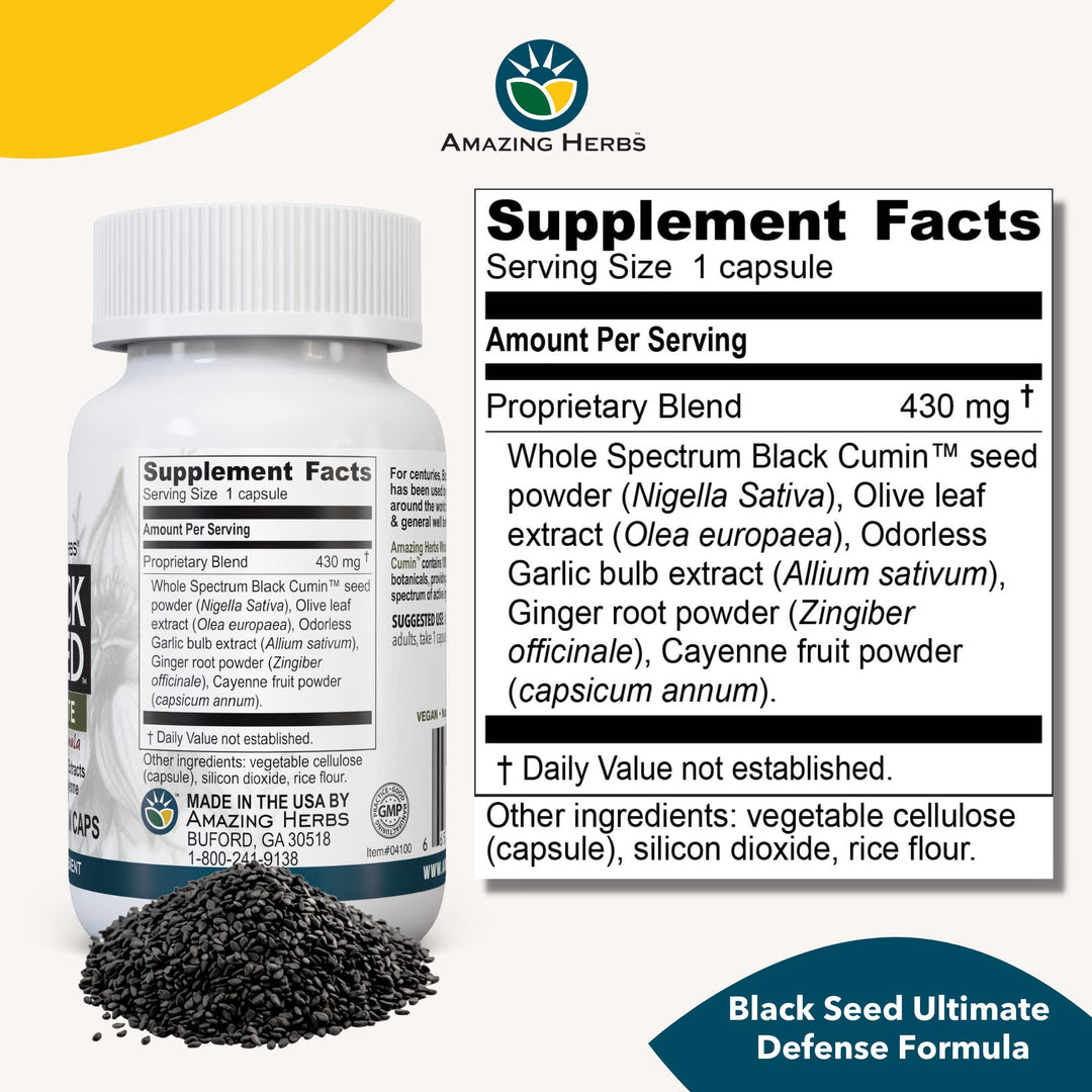 Whole Spectrum Black Seed Ultimate, Vegetarian Capsules - Olive Leaf & Garlic Extracts Plus Ginger & Cayenne, Gluten Free, Non GMO, Vegan - 100 Count