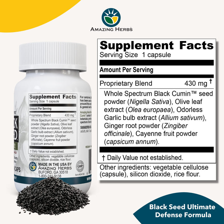 Whole Spectrum Black Seed Ultimate, Vegetarian Capsules - Olive Leaf & Garlic Extracts Plus Ginger & Cayenne, Gluten Free, Non GMO, Vegan - 100 Count
