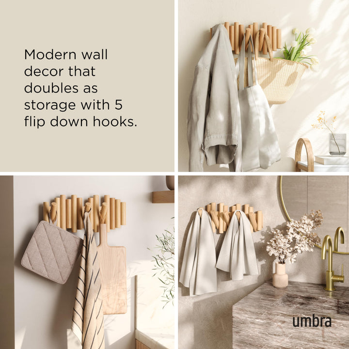 Picket Wall-Mounted Coat Rack Rail Hook with 5 Retractable Wood Pegs – Modern, Space-Saving Storage Organizer, Natural