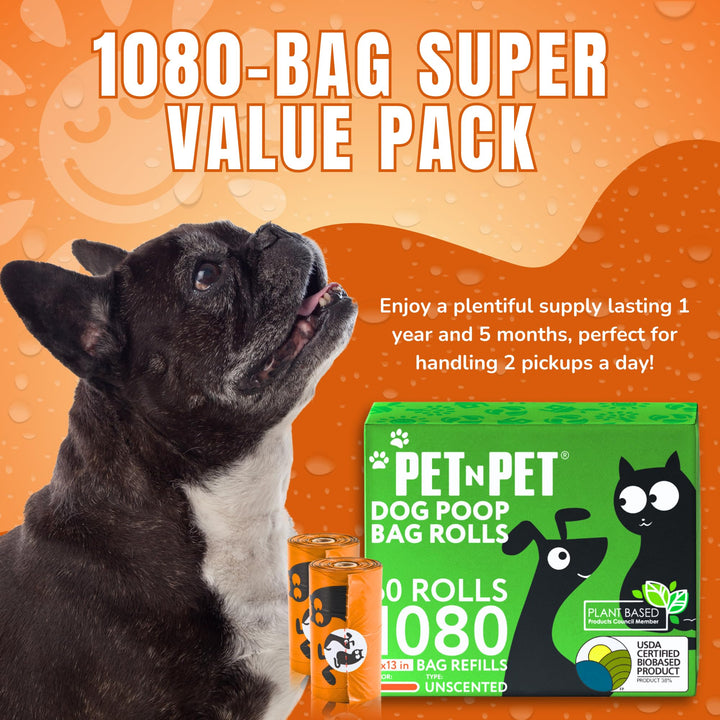 Pet N Pet 1080 Counts Orange Poop Bags for Dogs, 38% Plant Based & 62% PE Extra Thick Dog Poop Bags Rolls, 9 x 13, Unscented Pet Waste Bag