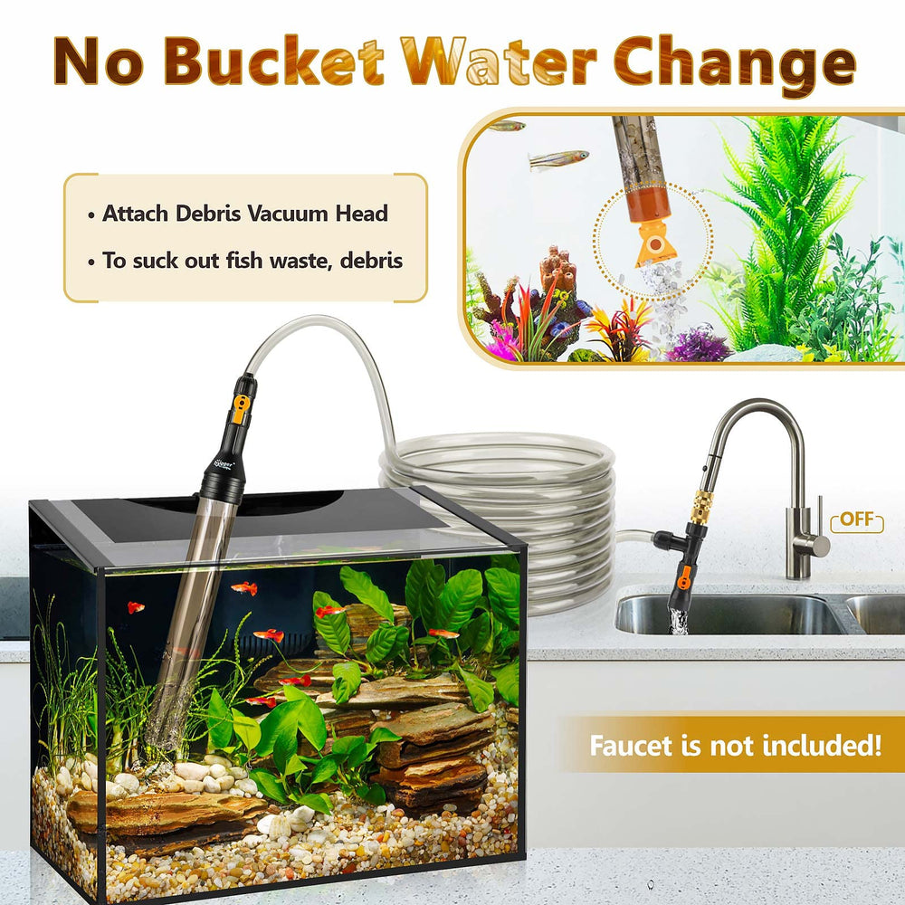 Bucket-Free Aquarium Water Change Kit Metal Faucet Connector Fish Tank Vacuum Siphon Gravel Cleaner with Long Hose 25FT Drain & Fill