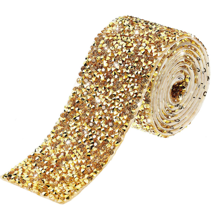 Bling Crystal Rhinestone Ribbon, DIY Self-Adhesive Rhinestone Sticker Ribbon for Wedding Cakes Birthday Crafts Decorations(Gold,1.6 Inch Wide)