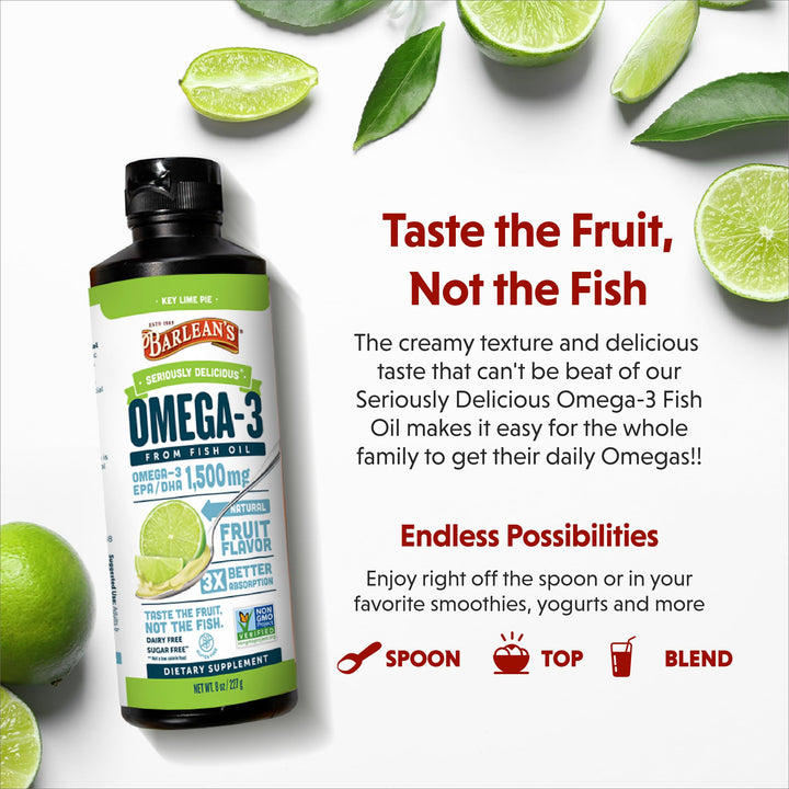 Barlean's Key Lime Pie High Potency Omega 3 Fish Oil Liquid Supplement, 1500mg of EPA& DHA Fatty Acid, Smoothie Flavored & Burpless for Brain, Joint, & Heart Health, 8 oz