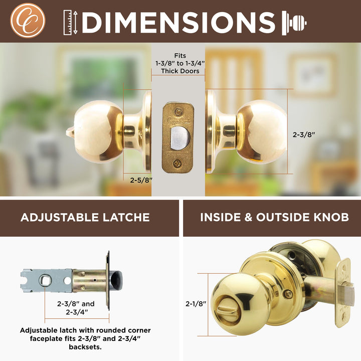 BK2030PB Ball Door Knob, Privacy Function, 1 Pack, Polished Brass