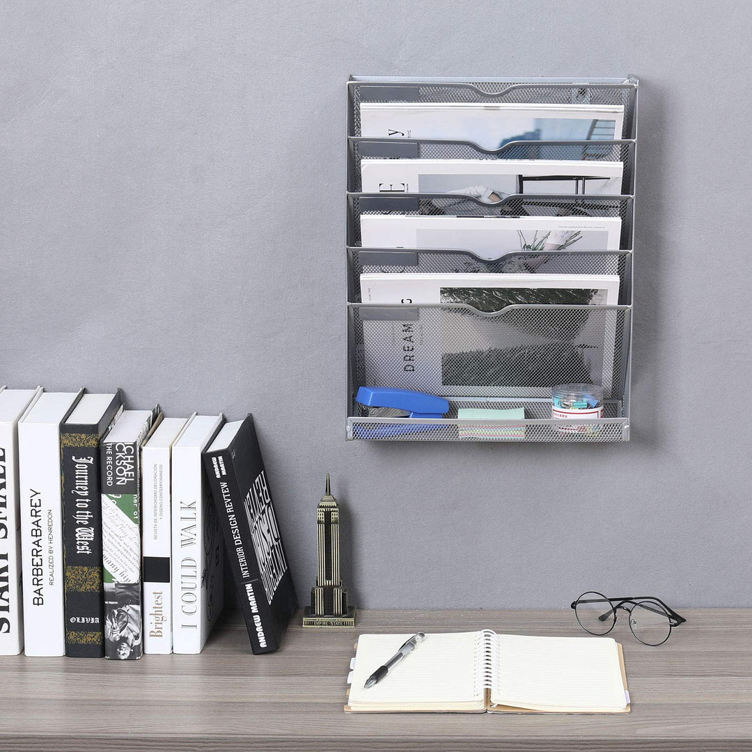 Wall File Organizer Mesh 5 Tier Vertical Hanging File Folders Holder Rack for Office Home,Silver
