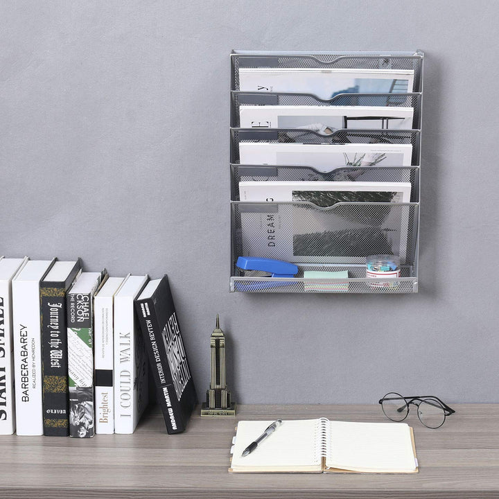 Wall File Organizer Mesh 5 Tier Vertical Hanging File Folders Holder Rack for Office Home,Silver