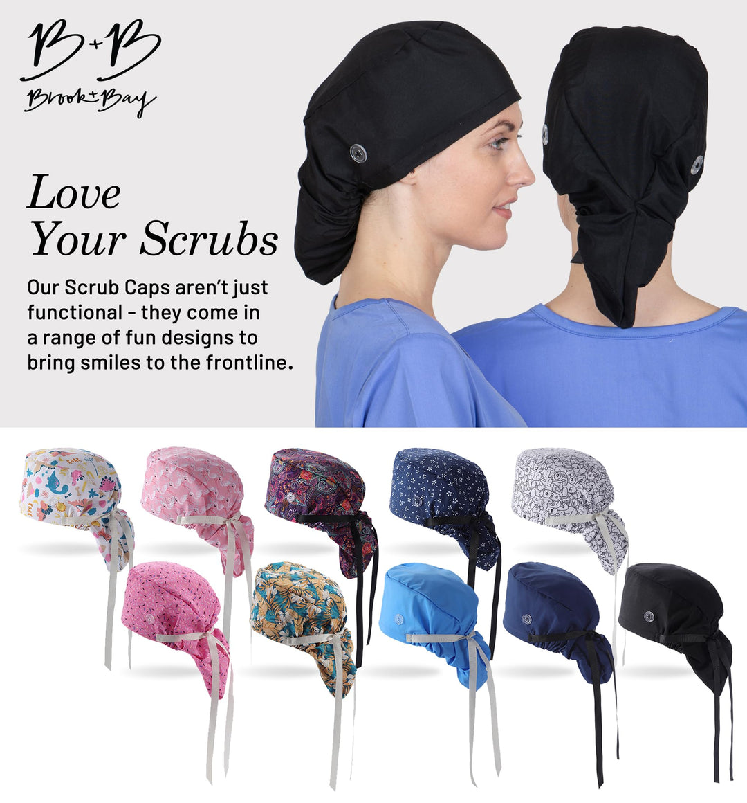Scrub Caps Women Ponytail - Surgical Caps for Women Long Hair - Nurse Cap - Scrub Hats for Nurses - Bouffant Scrub Cap, Black (Ponytail), One Size