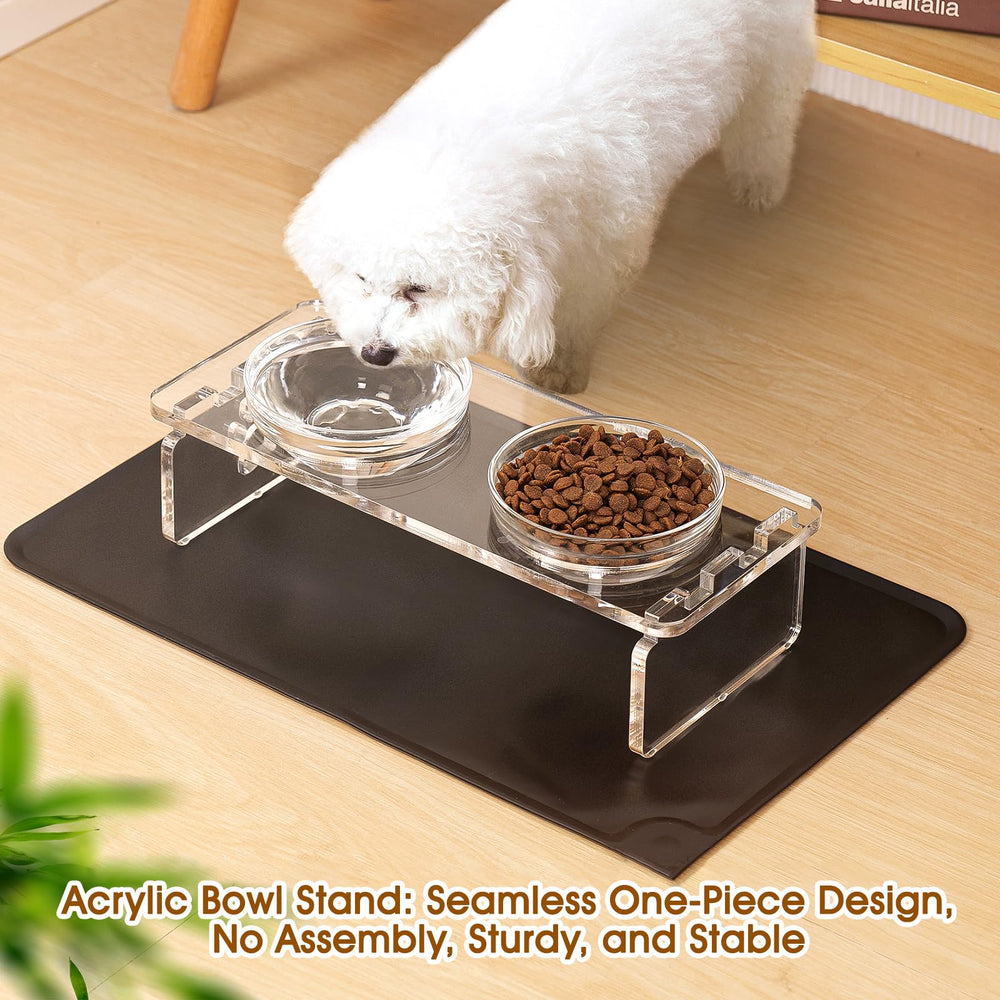 Dog and Cat Bowls Elevated Set - Acrylic Feeder Stand with 2 Set Removable Stainless Steel and Glass Bowls Food and Water Raised Dishes for Small Pet,3.75 inches