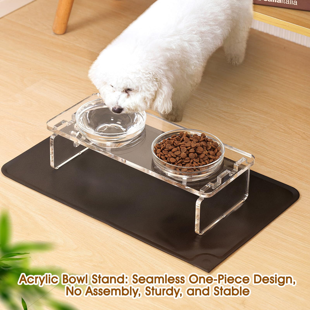 Dog and Cat Bowls Elevated Set - Acrylic Feeder Stand with 2 Set Removable Stainless Steel and Glass Bowls Food and Water Raised Dishes for Small Pet,3.75 inches