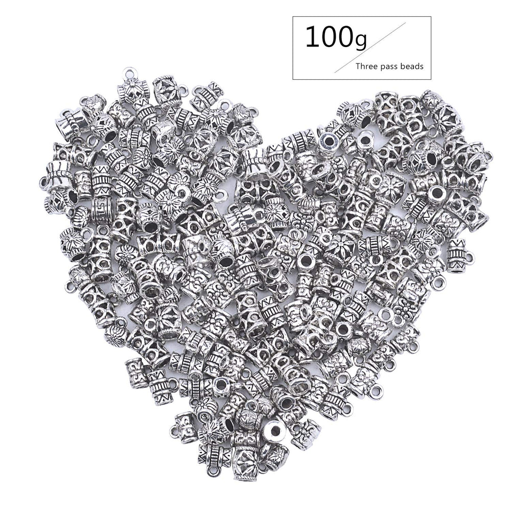100g (About 130-170pcs) Mixed Antique Tibetan Silver Bail Beads,Spacer Bead,Bail Tube Beads,Bracelet Charms,Necklace Pendants for Jewelry and Craft Making(Small Size)