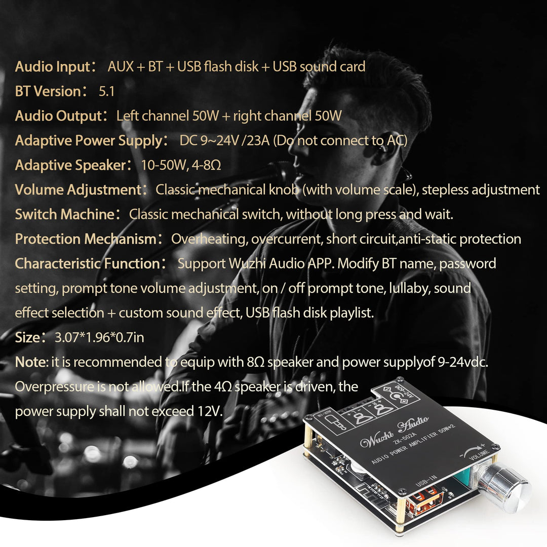 ZK-502A Bluetooth 5.0 Amplifier Board 50W*50W with A 12V2A DC Power Supply,100W Bluetooth Audio AMP Board for DIY Bluetooth Speaker Kit DC9-24V,Black