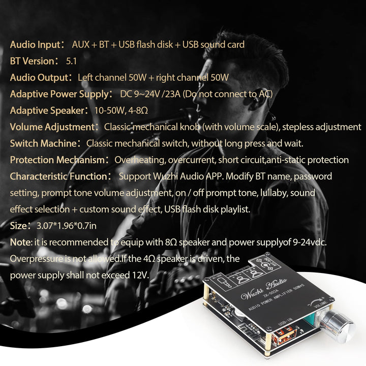 ZK-502A Bluetooth 5.0 Amplifier Board 50W*50W with A 12V2A DC Power Supply,100W Bluetooth Audio AMP Board for DIY Bluetooth Speaker Kit DC9-24V,Black