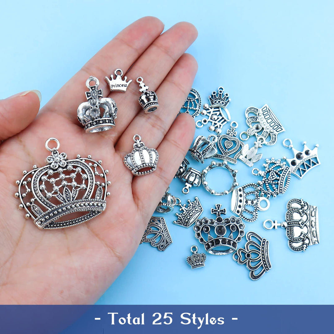 Crown Charms Pendants Beads, Vintage Silver Multistyle Crown Charm Pendant Connector for DIY Jewelry Making Accessaries Craft Supplies Bulk Lots, 25 Pcs