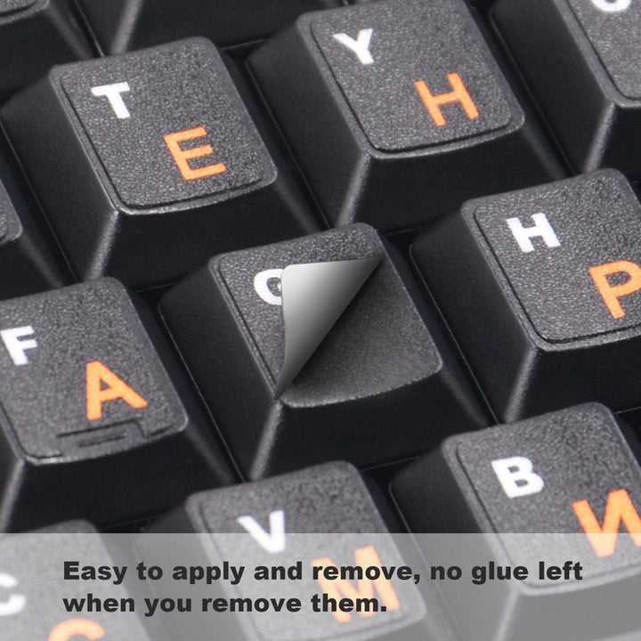 2PCS Universal Russian-English Keyboard Stickers, Matte Replacement Russian Keyboard Stickers with Orange Letters on a Black Background for Laptops and Desktops, Keyboard Alphabet Stickers