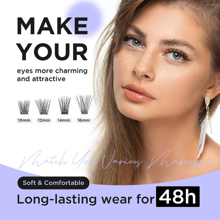 DIY Eyelash Extension,Individual Cluster Lashes False Eyelashes Extension Natural Look Reusable Glue Bonded Black Super Thin Band 48 Lash Clusters Mix (Style3 0.07 Mix Black Band)