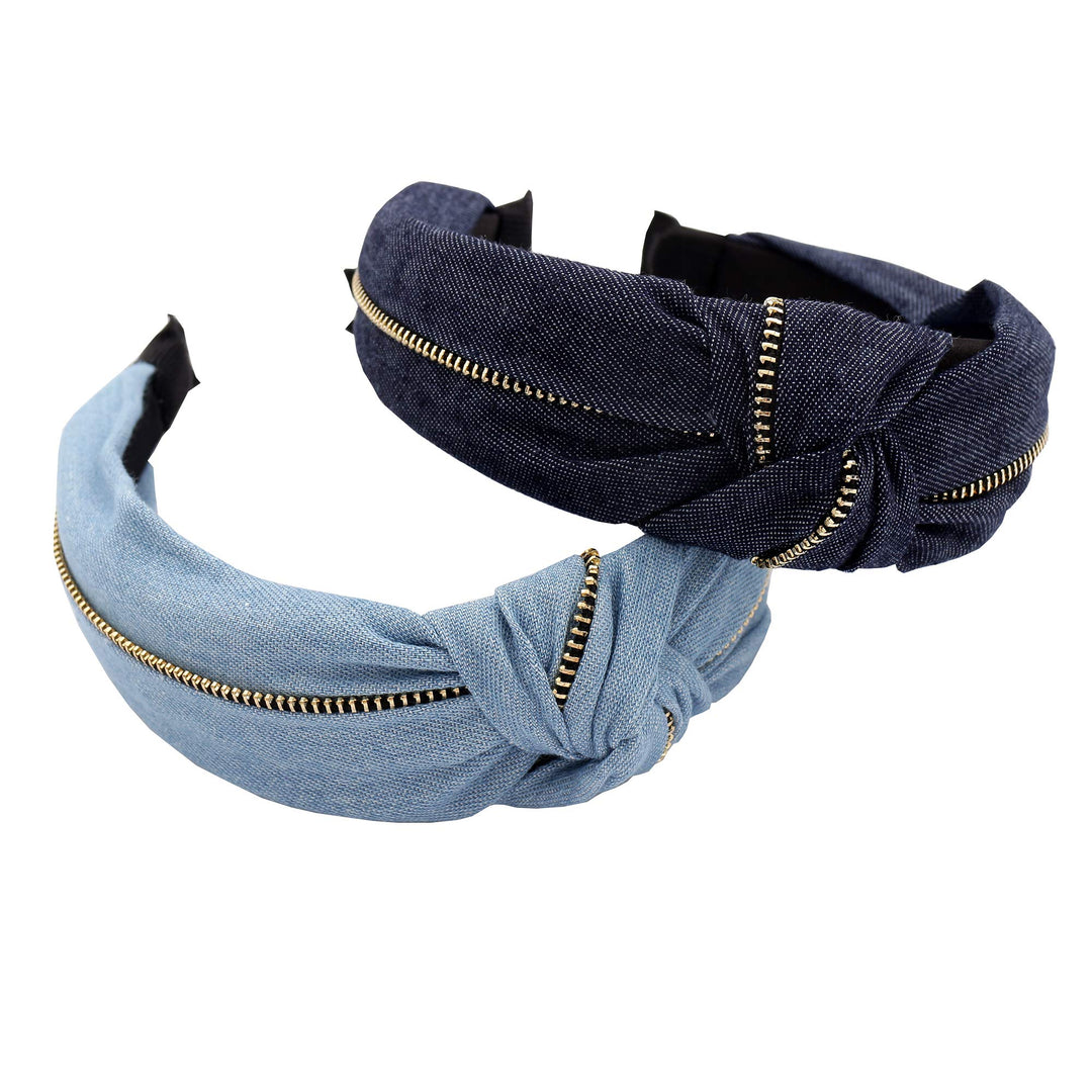 Vinobowtique 2Piece Women Jeans Zipper Headbands With Twist Knot Wide Turban Headwraps Hair Band Bows Accessories For Girls