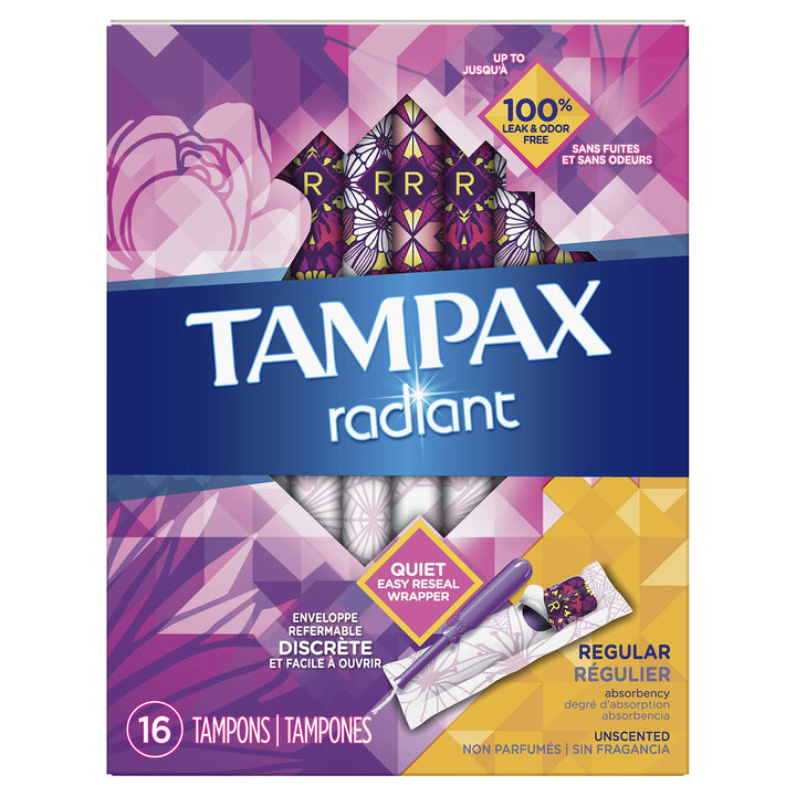 Radiant Regular Tampons with Plastic Applicator, Unscented, 16 Count (Packaging May Vary)