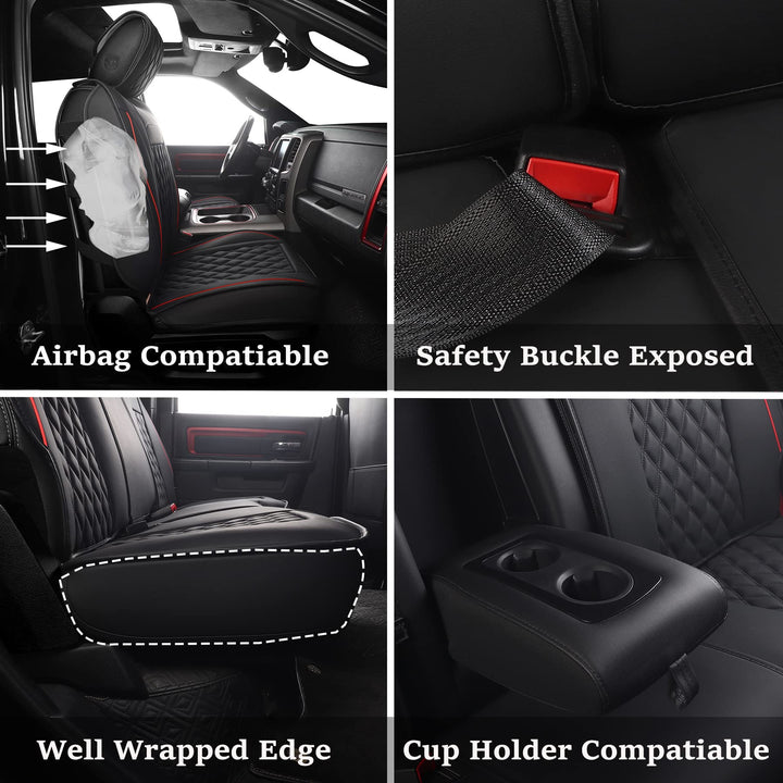 Car Seat Covers for Dodge Ram,Fit 2009-2023 1500/2500/3500 HD Pick-up Truck,Crew,Regular,Quad,Mega Cab,Waterproof Synthetic Leather Seat Covers(5PCS-Full Set,Black-Red)