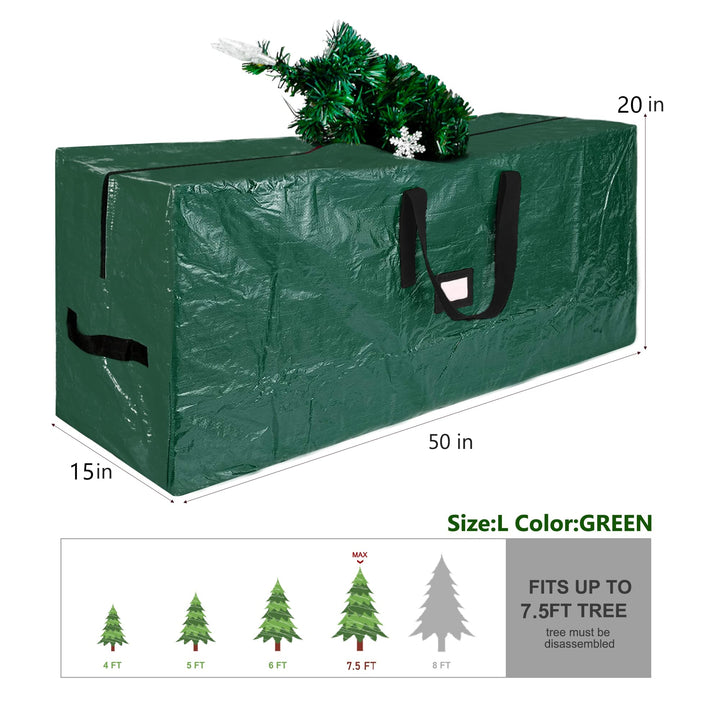 Christmas Tree Storage Bag, Fits Up to 7.5 ft Tall Holiday Artificial Disassembled Trees, Durable with Handles and Dual Zipper, Waterproof Material (Green, 50 x 15 x 20 Inch, L)