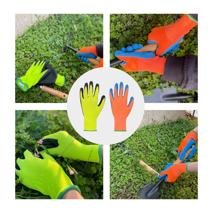 Kids Gardening Gloves for Age 2-13, 3 Pairs Foam Rubber Coated Palm Garden Gloves for Boys Girls, Children Garden Gripper Gloves (Size 6 (Age 11-13), Orange 3 Pairs)