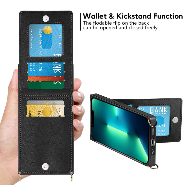 Compatible with iPhone 13 Pro Max Case Wallet with Credit Card Holder Lanyard Crossbody Strap Women Girls Leather Magnetic Clasp Kickstand Heavy Duty Protective Flip Cover Black