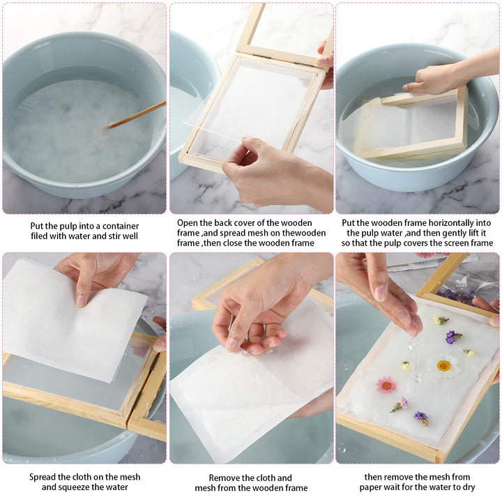 8 Pieces Paper Making Screen Kit Include 7.5 x 9.8 Inches Wooden Paper Making Frame Mould Papermaking Screen Printing Frame Dried Flowers Sponge with Replacement Mesh Cloth for DIY Paper Craft