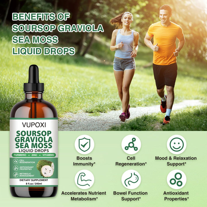 Soursop Multivitamin Liquid Drops Cell Support & Regeneration, Immune Boost,Dietary Fiber and Sleep, Organic Soursop Extract-Sugar Free, Non-GMO, 100% Vegan, Gluten-Free-8 Fl Oz/240 ML